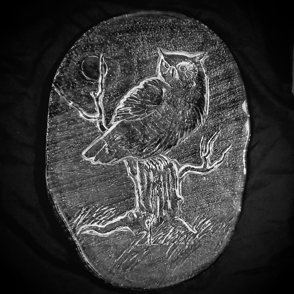 Large Glass Platter, Oval, Reverse Carving of Owl
